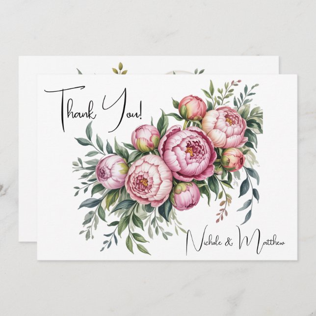 Elegant Peony Floral Wedding Thank You Cards (Front/Back)