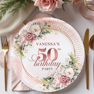 Elegant Peony Greenery Rose Gold 50th Birthday Paper Plate