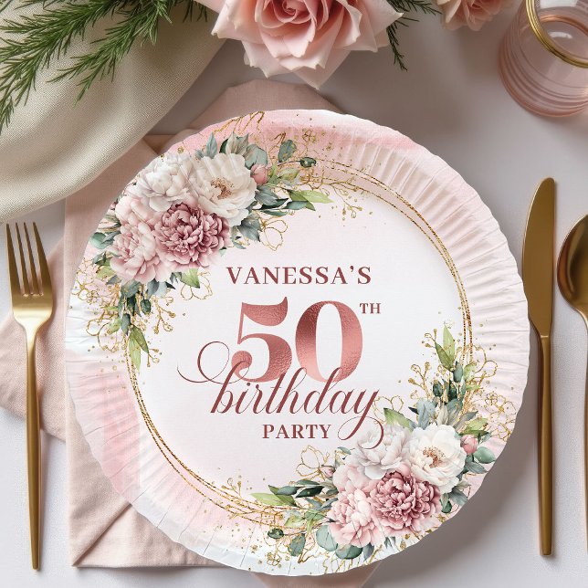 Elegant Peony Greenery Rose Gold 50th Birthday  Paper Plate (Elegant Peony Greenery Rose Gold 50th Birthday Plates)