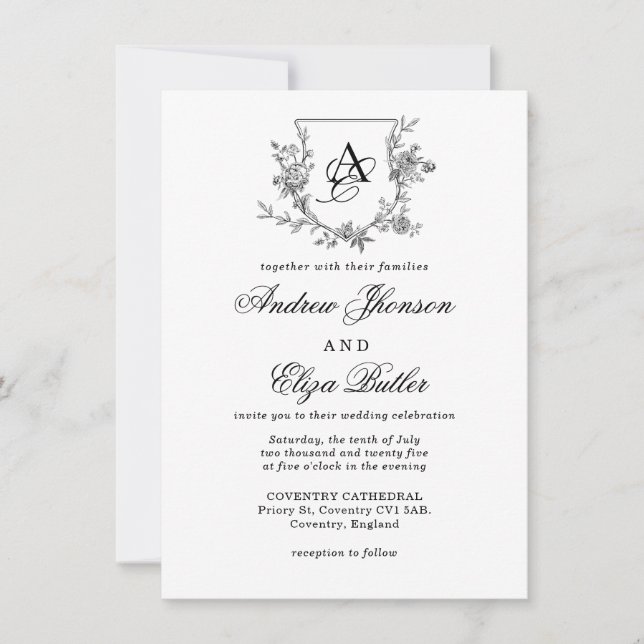Elégant Peony Monogram Crest Invitation (Devant)