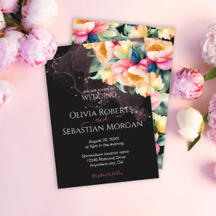 Elegant Peony Watercolor on Black   Wedding  Invitation