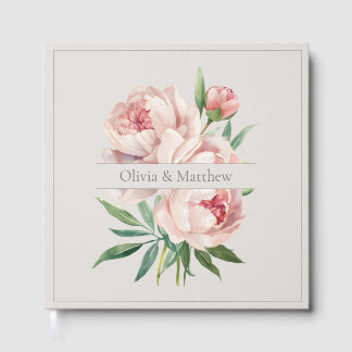Elegant Peony Wedding Guestbook – Beige Design