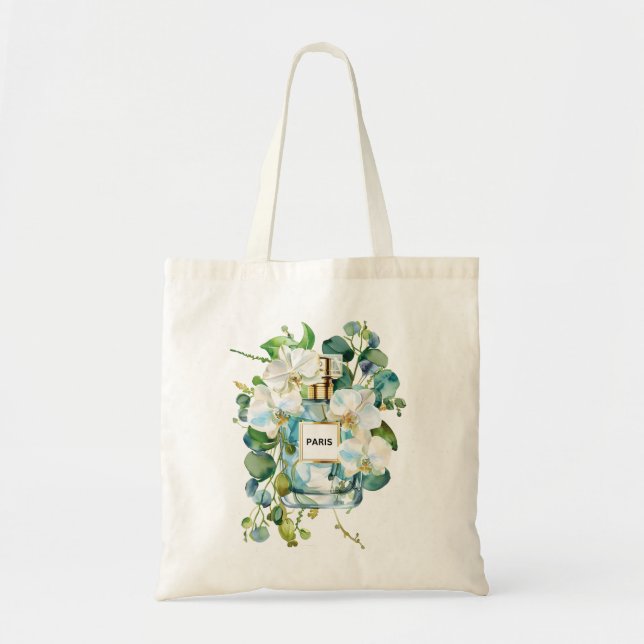 Elegant Perfume Bottle with White Orchid Floral  Tote Bag (Front)