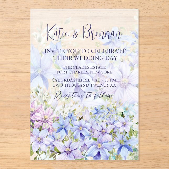 Elegant Periwinkle Clematis Wedding Acrylic Invitations (Front)