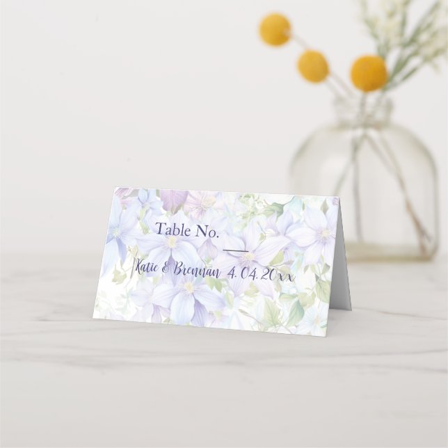Elegant Periwinkle Clematis Wedding Place Card (Front)