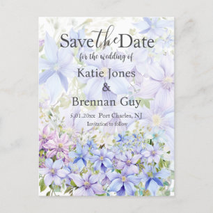 Elegant Periwinkle Clematis Wedding Save the Date Postcard