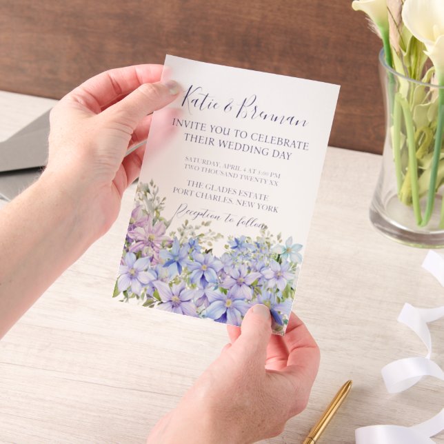 Elegant Periwinkle Clematis Wedding  Vellum Invitations (Handheld)