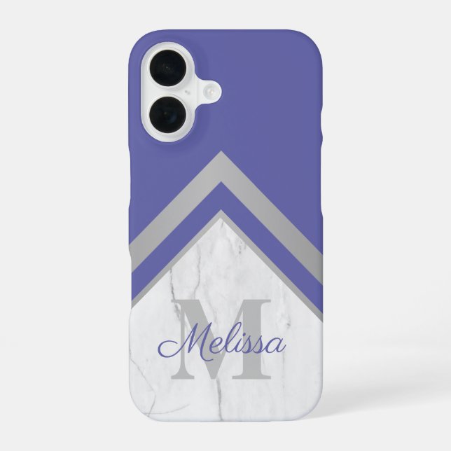Elegant Periwinkle Monogram Geometric Marble iPhone 16 Case (Back)