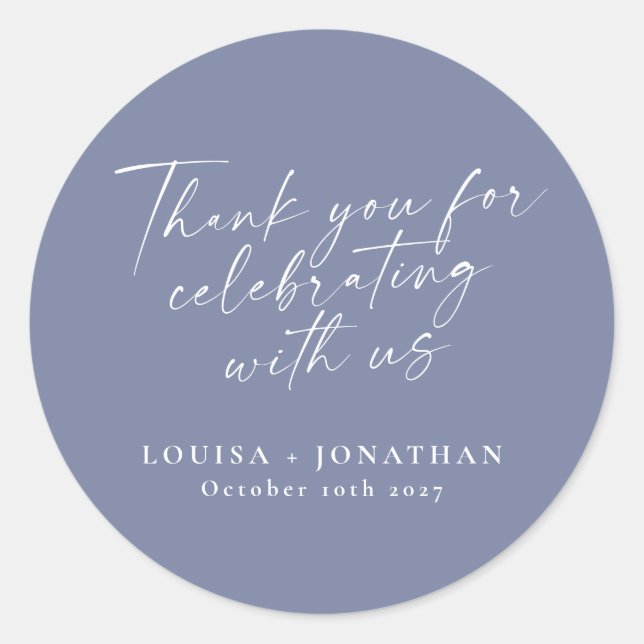 Elegant Periwinkle Trendy Script Custom Thank You Classic Round Sticker (Front)