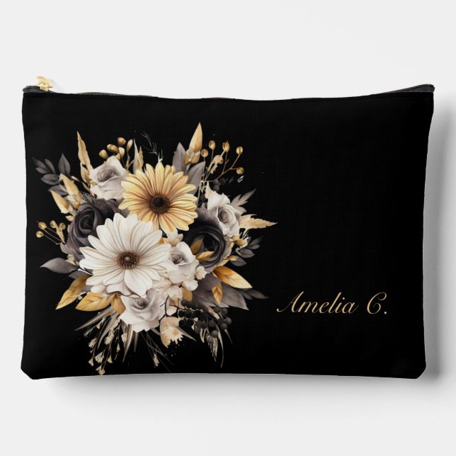 Elegant Personalize Black & Gold Flowers Accessory Pouch (Front)