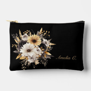 Elegant Personalize Black & Gold Flowers Accessory Pouch