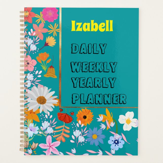Elegant Personalize blue floral daily  Planner (Front)