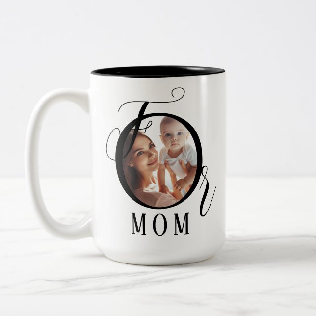 Elegant Personalized 2-Photo, Mom Black Typography Two-Tone Coffee Mug (Left)