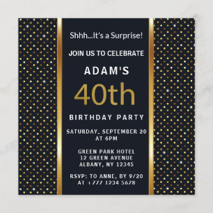 Elegant Personalized 40th Birthday Gold And Black Invitation