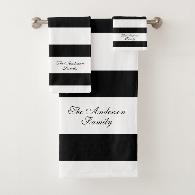 Elegant Personalized Black and White Stripes Bath Towel Set (Insitu)