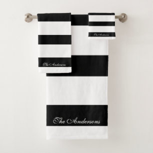 Elegant Personalized Black and White Stripes Bath Towel Set