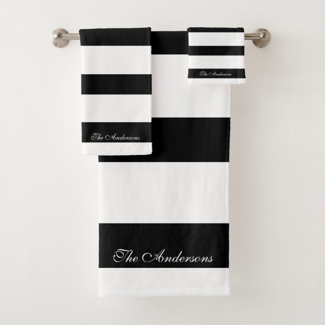 Elegant Personalized Black and White Stripes Bath Towel Set (Insitu)