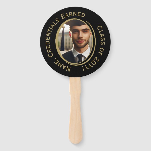 Elegant Personalized Black & Gold Graduation Photo Hand Fan (Front)