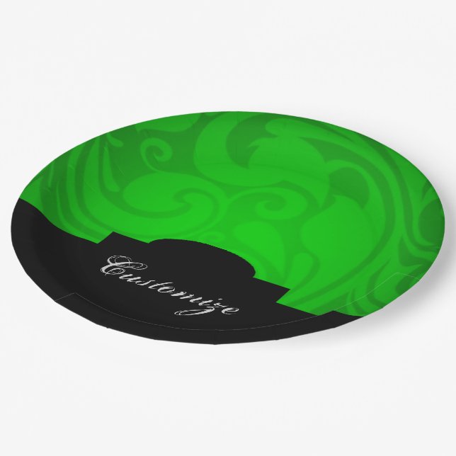 Elegant Personalized Black & Green Paper Plates (Angled)