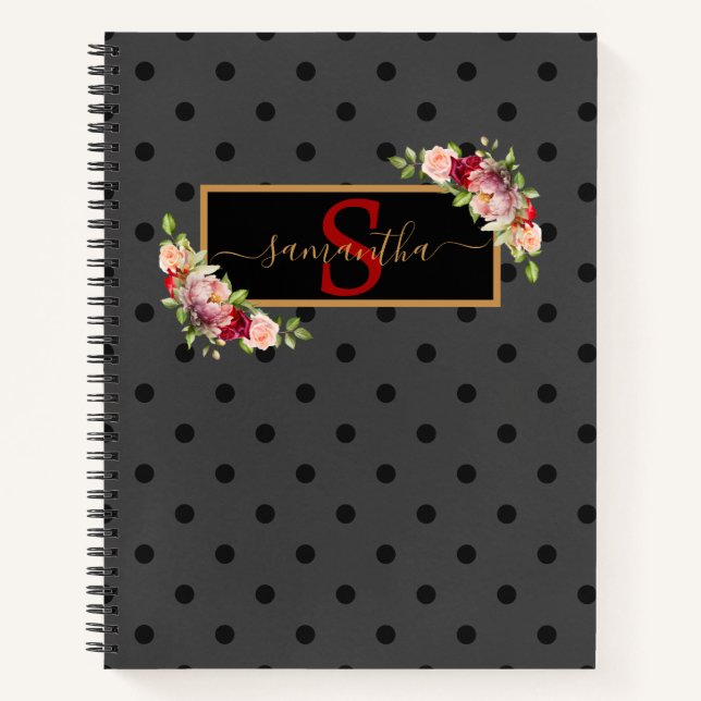 Elegant Personalized Black Polka Dot and Roses Notebook (Front)