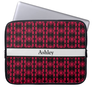 Elegant Personalized Black & Red Abstract Pattern Laptop Sleeve