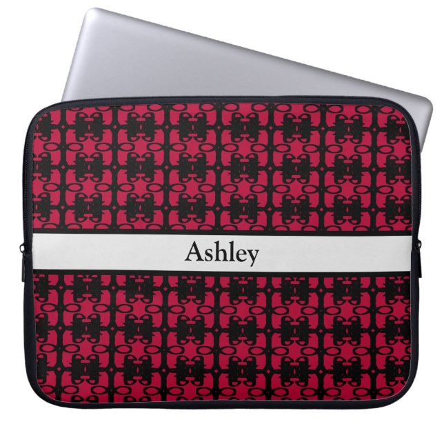 Elegant Personalized Black & Red Abstract Pattern Laptop Sleeve (Front)