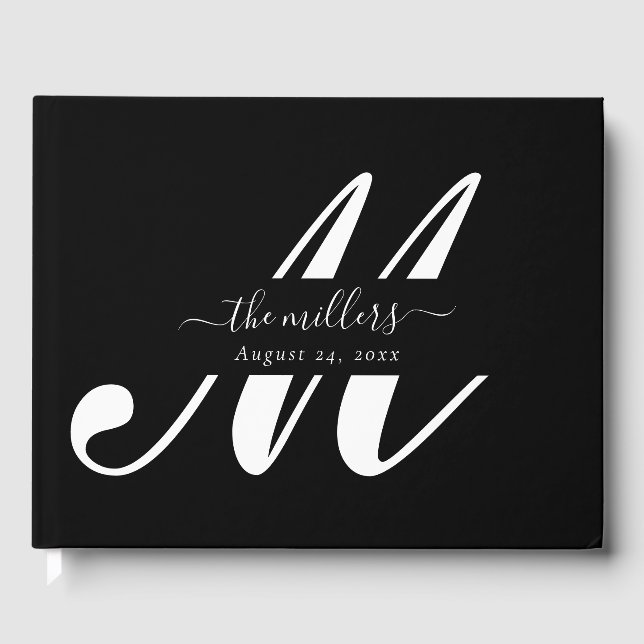Elegant Personalized Black Script Monogram Wedding Guest Book (Front)