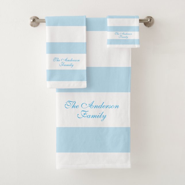 Elegant Personalized Blue and White Stripes Bath Towel Set (Insitu)