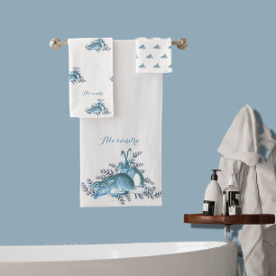 Elegant Personalized Blue Grey Bunny Rabbits Bath Towel Set