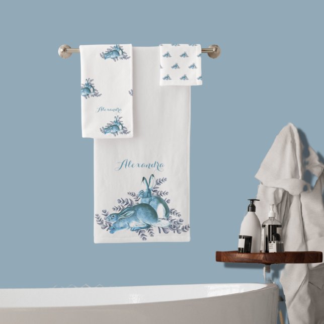 Elegant Personalized Blue Grey Bunny Rabbits Bath Towel Set (Creator Uploaded)