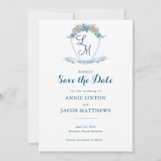 Elegant Personalized Blue Hydrangea Wedding Crest Save The Date