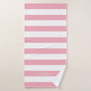 Elegant Personalized Blush Pink White Stripes Bath Towel