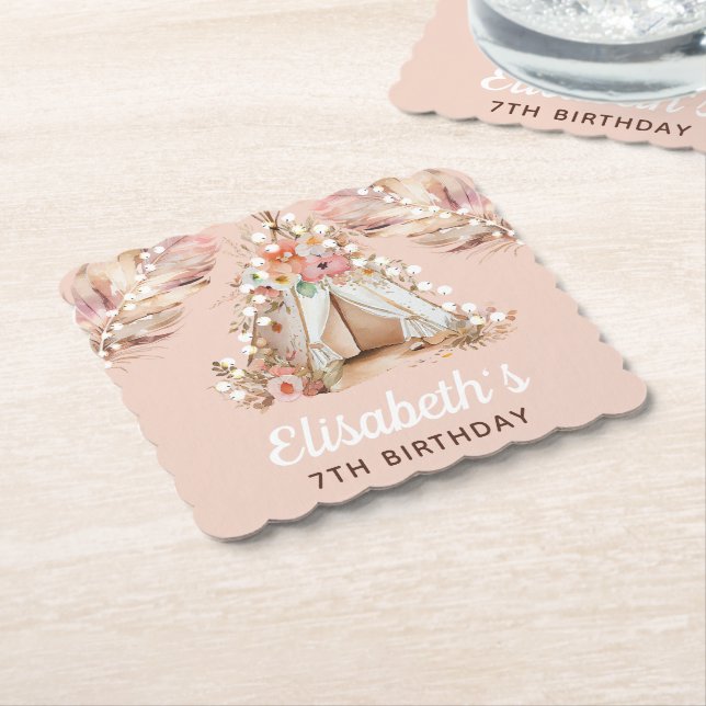 Elegant Personalized Bohemian Girl Birthday  Paper Coaster (Angled)