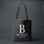 Elegant Personalized Bridesmaid Monogram and Name  Tote Bag<br><div class="desc">Elegant Personalized Bridesmaid Gifts
featuring personalized bridesmaid's monogram,  name and title in classic serif font style on black background.

Also perfect for maid of honour,  flower girl,  mother of the bride and more.</div>