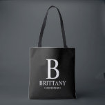 Elegant Personalized Bridesmaid Monogram and Name  Tote Bag<br><div class="desc">Elegant Personalized Bridesmaid Gifts
featuring personalized bridesmaid's monogram,  name and title in classic serif font style on black background.

Also perfect for maid of honour,  flower girl,  mother of the bride and more.</div>