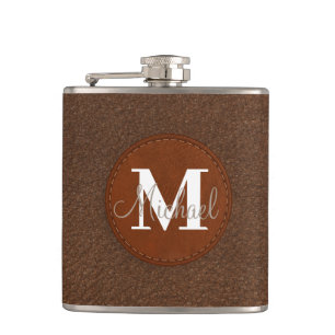 elegant personalized brown leather groomsman hip flask