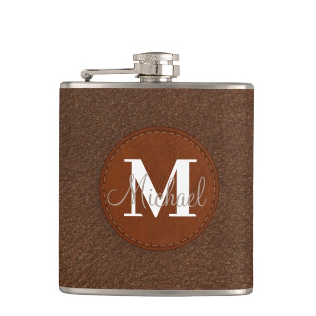 elegant personalized brown leather groomsman hip flask (Front)