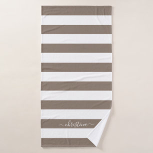 Elegant Personalized Brown Taupe White Stripes Bath Towel