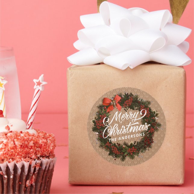 Elegant Personalized Christmas Wreath Sticker Seal (Party)