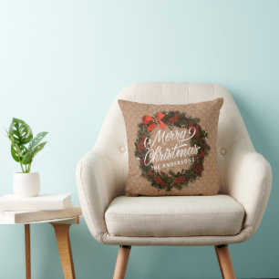 Elegant Personalized Christmas Wreath Throw Pillow