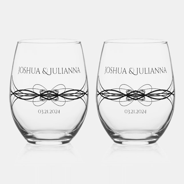 Elegant Personalized Couple's Name Date Wedding Stemless Wine Glass (Front)