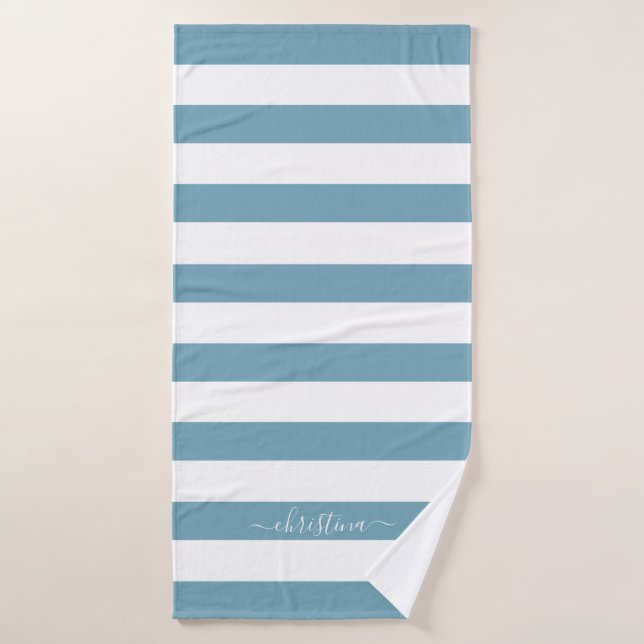 Elegant Personalized Dust Blue White Stripes Bath Towel (Bath Towel)