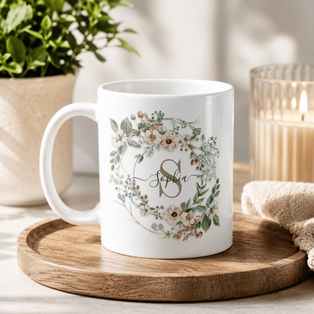 Elegant Personalized Floral Monogram Name Gift Coffee Mug (Creator Uploaded)