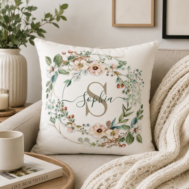 Elegant Personalized Floral Monogram Name Throw Pillow (Creator Uploaded)