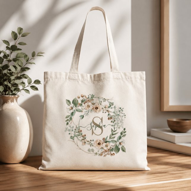 Elegant Personalized Floral Monogram Name Tote Bag (Creator Uploaded)