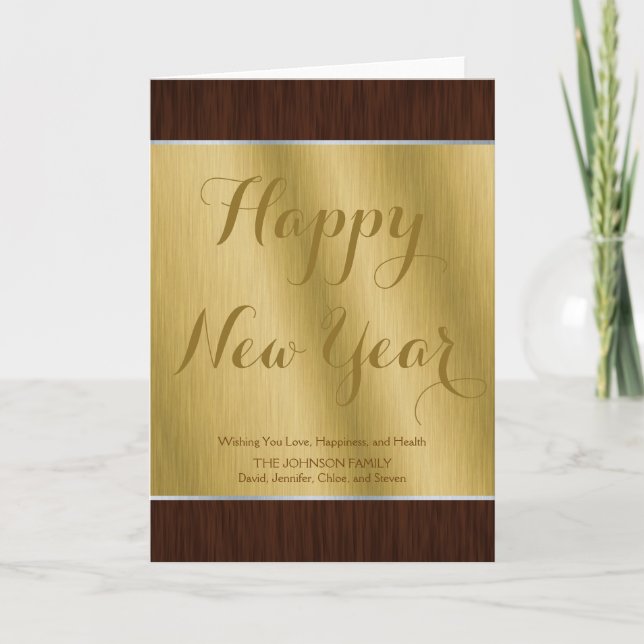 Elegant Personalized Gold and Dark Wood New Year Holiday Card (Front)