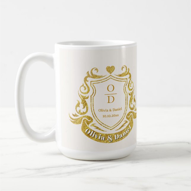 Elegant Personalized Gold Crest Wedding Coffee Mug (Left)