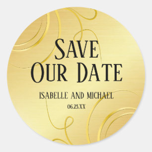 Elegant Personalized Gold Flourish Save the Date Classic Round Sticker