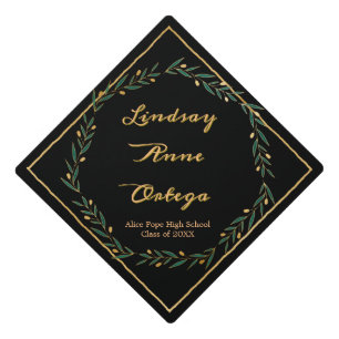 Elegant Personalized Gold Green Laurel Wreath Graduation Cap Topper