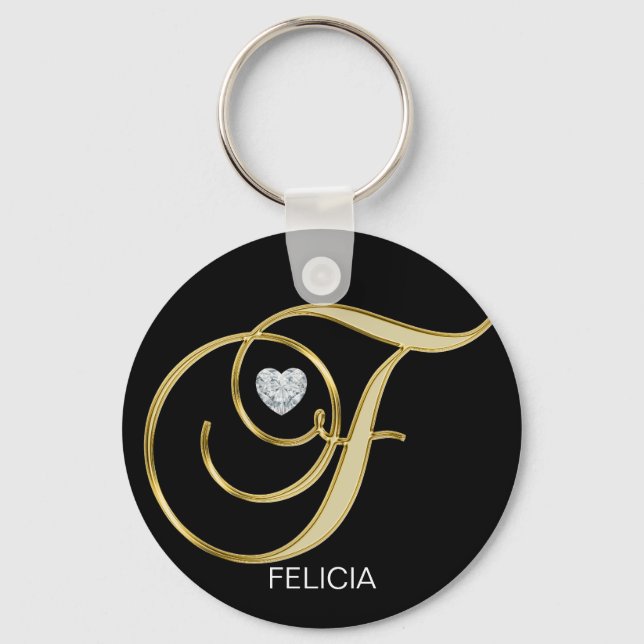 Elegant Personalized Gold Monogrammed Letter F Keychain (Front)